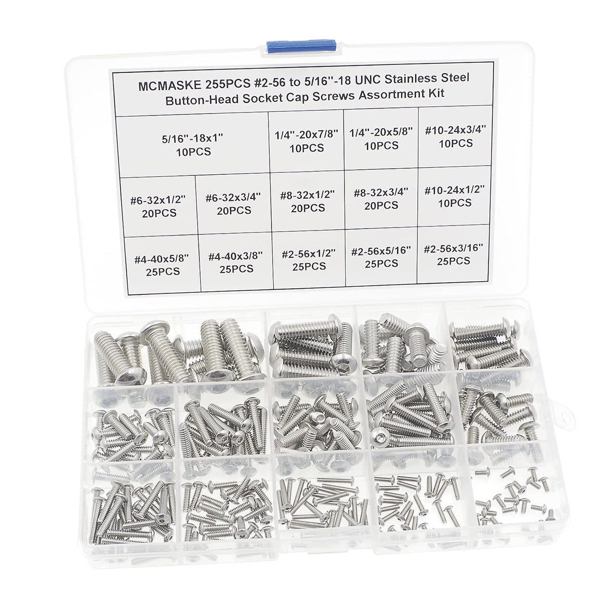 140-Piece #2-56 UNC Button Head Socket Screw Assortment - Stainless Steel Hex Bolts With Nuts & Washers