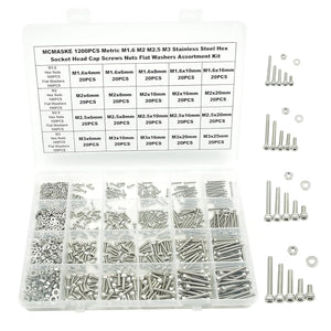 MCMASKE 1200PCS Stainless Steel Hex Socket Head Cap Screws Nuts Flat Washers Assortment Kit