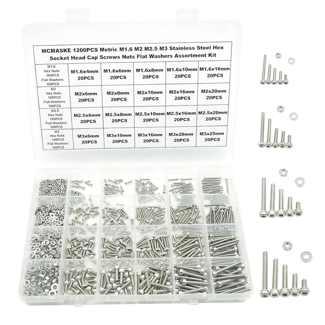 MCMASKE 1200PCS Stainless Steel Hex Socket Head Cap Screws Nuts Flat Washers Assortment Kit