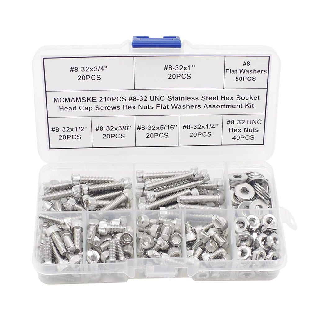 MCMASKE 210PCS Stainless Steel Hex Socket Head Cap Screws Hex Nuts Flat Washer Assortment Kit