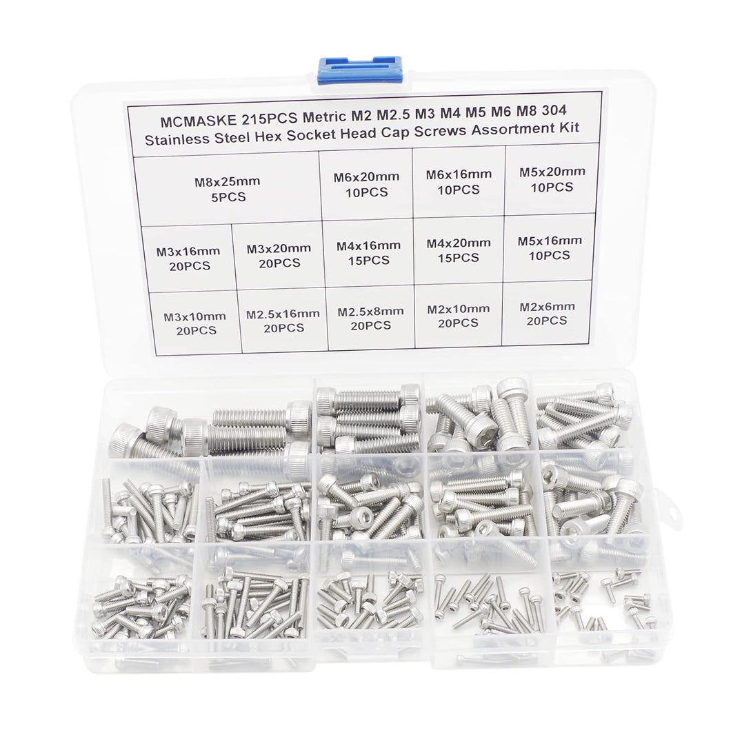 MCMASKE 215PCS Metric Stainless Steel Hex Socket Head Cap Screws Assortment Kit