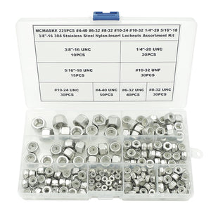 MCMASKE 225PCS #4-40 to 3/8"-16 Stainless Steel Nylon-Insert Locknuts/Elastic Stop Nuts Assortment Kit for Screws/Bolts
