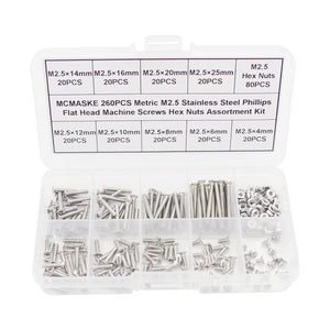 MCMASKE 260PCS Metric M2.5 Stainless Steel Phillips Flat Head Machine Screws Hex Nuts Assortment Kit