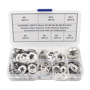 MCMASKE 300PCS Metric M3 M4 M5 M6 M8 M10 M12 Stainless Steel Internal Tooth Starlock Washers Assortment Kit