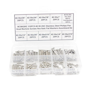 MCMASKE 310PCS #2-56 UNC Stainless Steel Phillips Pan Head Machine Screws Hex Nuts Flat Washers Assortment Kit