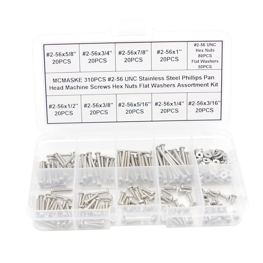 MCMASKE 310PCS #2-56 UNC Stainless Steel Phillips Pan Head Machine Screws Hex Nuts Flat Washers Assortment Kit