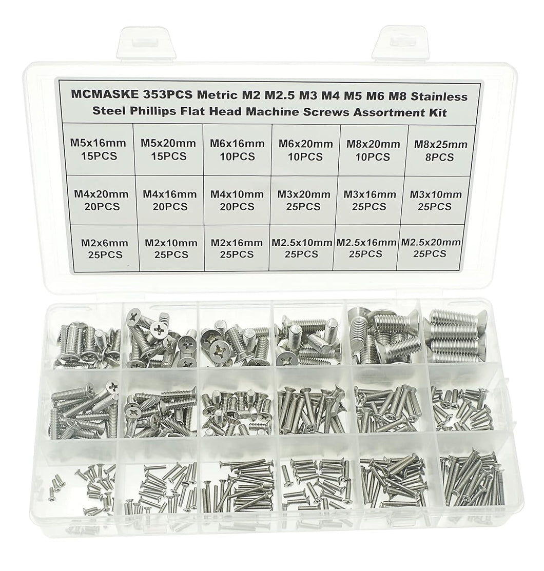 MCMASKE 353PCS Metric Stainless Steel Phillips Flat Head Machine Screws Assortment Kit