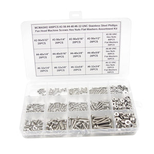 MCMASKE 600PCS #2-56#4-40#6-32 UNC Stainless Steel Phillips Pan Head Machine Screws Hex Nuts Flat Washers Assortment Kit