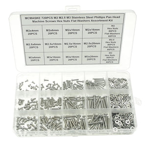 MCMASKE 720PCS Stainless Steel Phillips Pan Head Machine Screws Nuts Flat Washers Assortment Kit