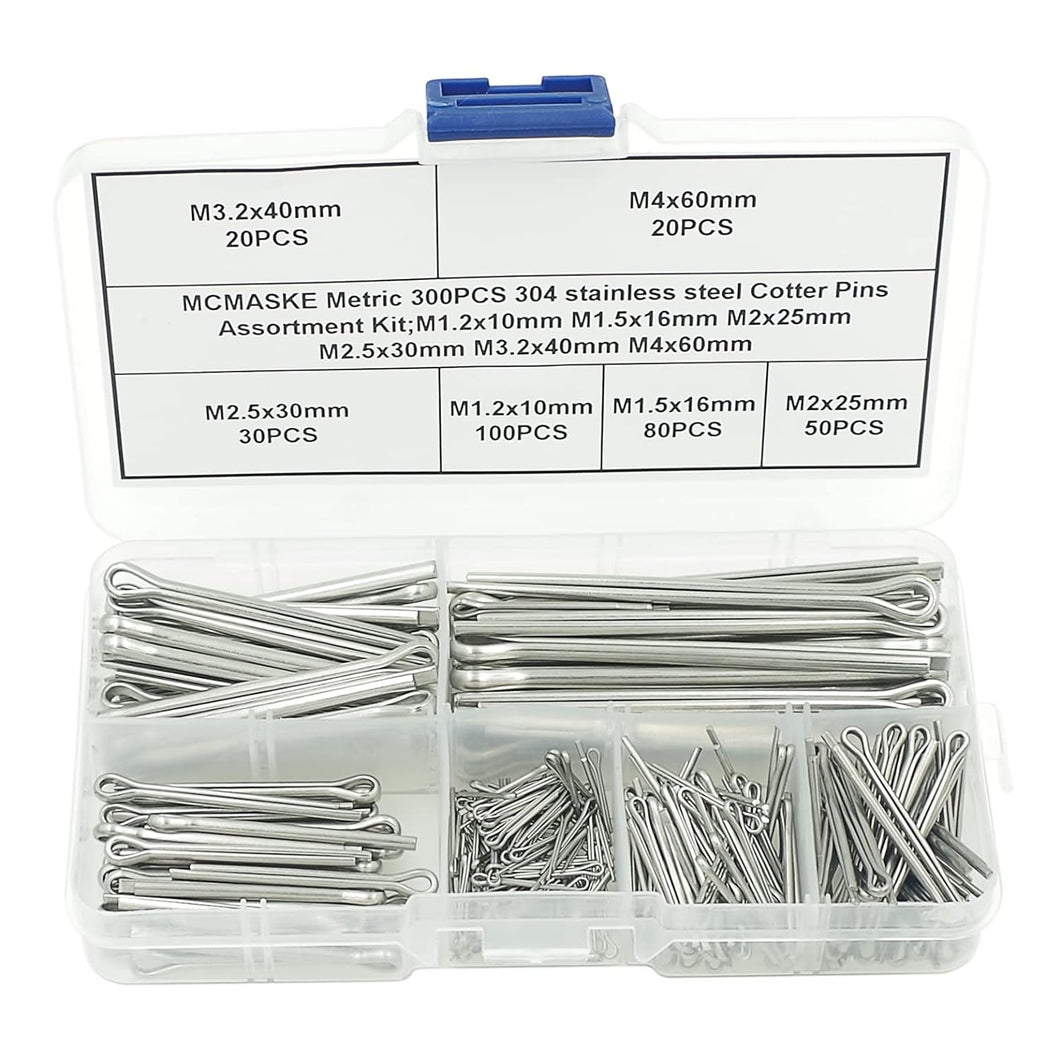 MCMASKE Metric 300PCS 304 Stainless Steel Cotter Pins/Split Pins Assortment Kit MCMASKE Metric 300PCS 304 Stainless Steel Cotter Pins/Split Pins Assortment Kit