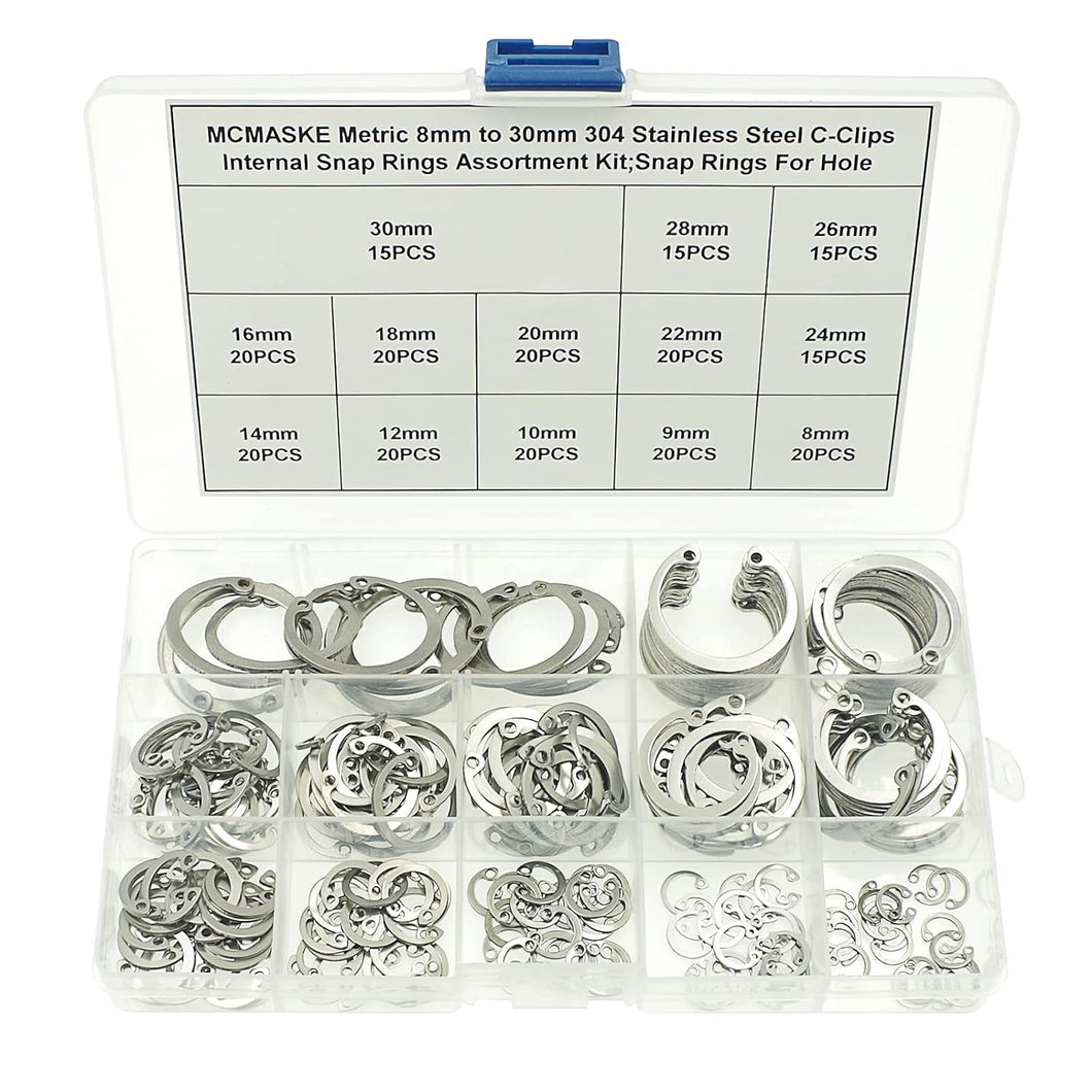 MCMASKE Metric 304 Stainless Steel 8MM-30MM C-Clips Internal Snap Rings Assortment Kit