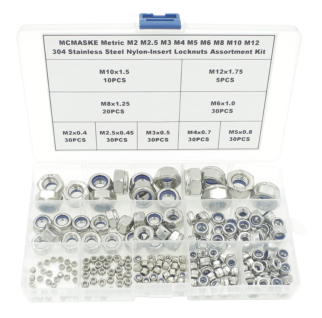 MCMASKE Metric M2 to M12 304 Stainless Steel Nylon-Insert Locknuts/Elastic Stop Nuts Assortment Kit for M2 M2.5 M3 M4 M5 M6 M8 M10 M12 Screws/Bolts