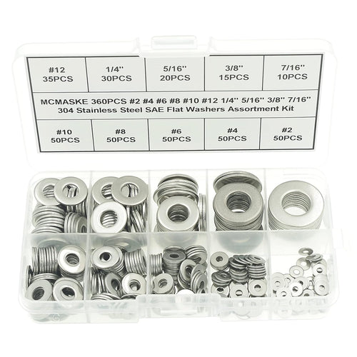 MCMASKE 360PCS Stainless Steel SAE Flat Washers Assortment Kit for Screws/Bolts