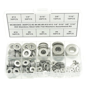 MCMASKE 360PCS Stainless Steel SAE Flat Washers Assortment Kit for Screws/Bolts