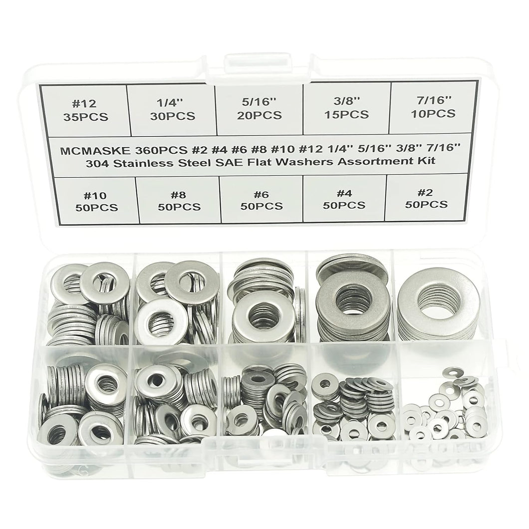 MCMASKE 360PCS Stainless Steel SAE Flat Washers Assortment Kit for Screws/Bolts